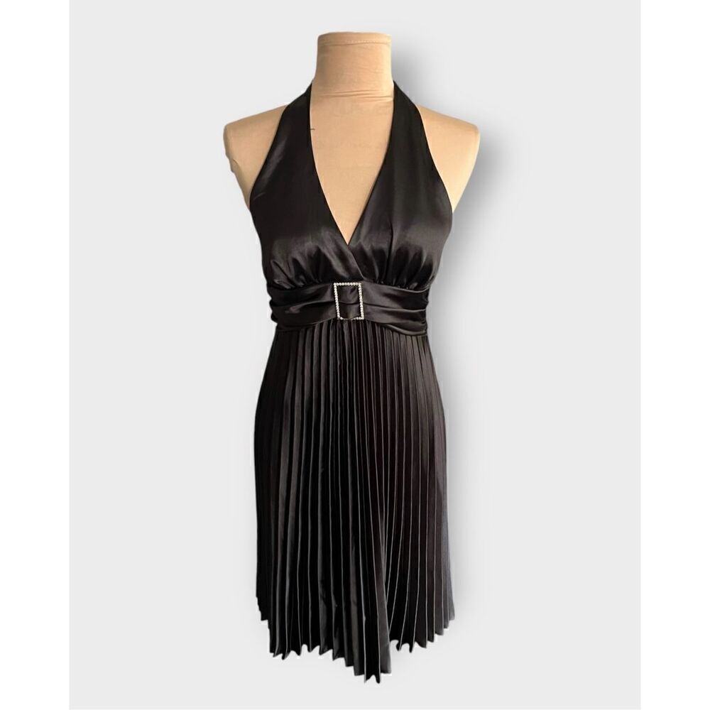 Jimmy Lee Women’s M Pleated Halter Dress with Rhinestone Buckle Black